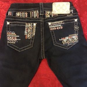 Miss Me Sz 25 straight fit embellished jeans dark wash w/factory wiskering EUC